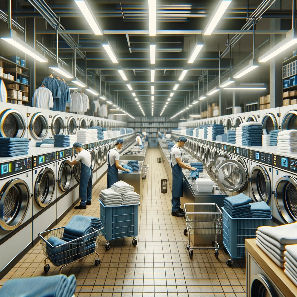 A professional laundry room filled with large industrial washing machines and dryers, with workers wearing uniforms and safety gear efficiently managi